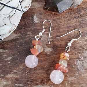 bead gemstone chip rose quartz ball boho drop earrings